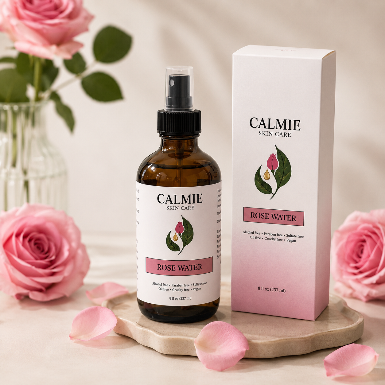 Calmie Skin Care rose water bottle and packaging with pink roses in the background