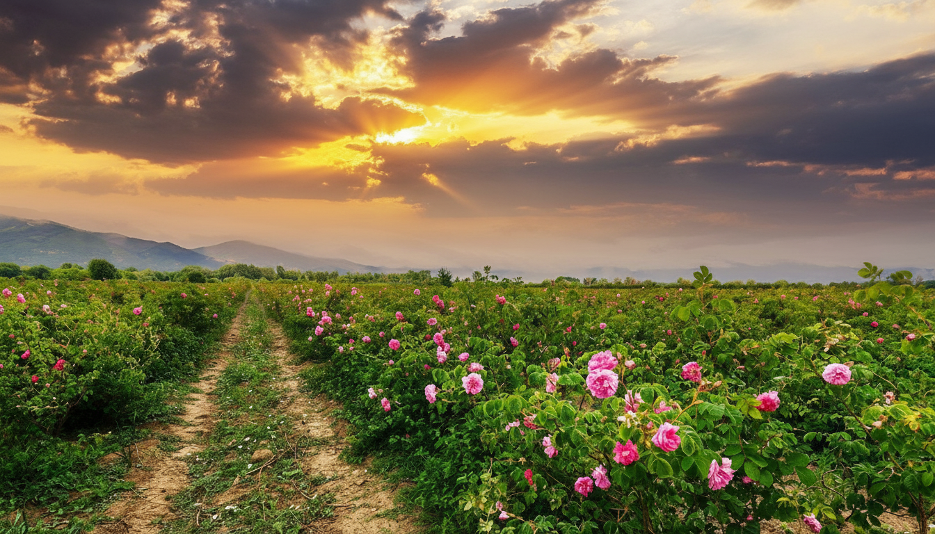 Sunset over a field of pink flowers with a dirt path