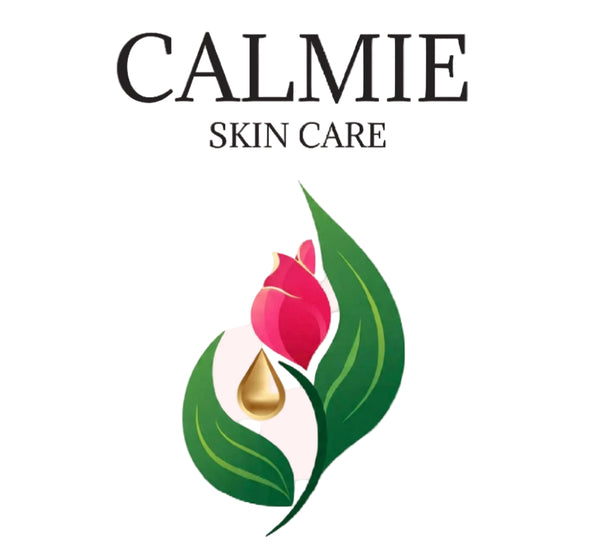 Calmie Skin Care logo with a pink flower and green leaves on a white background